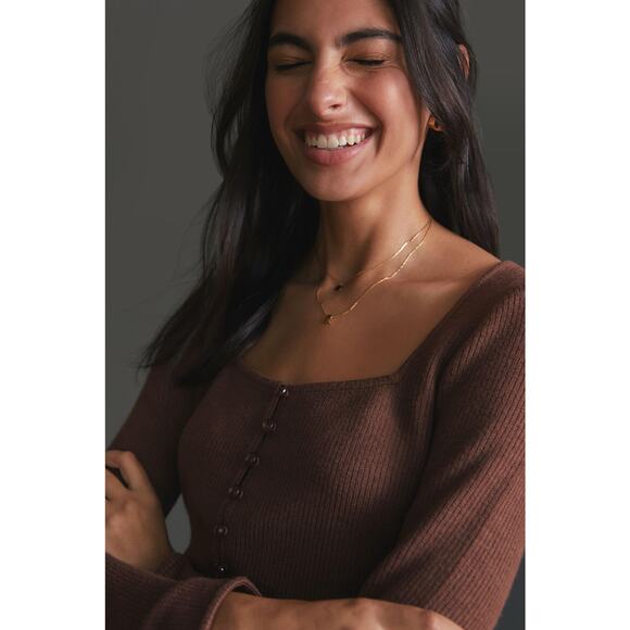 NEW Anthropologie Pilcro Square Neck Cropped Brown Cardigan - Medium - Picture 3 of 7